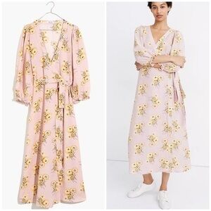 Madewell linen blend ruffle cup wrap dress.